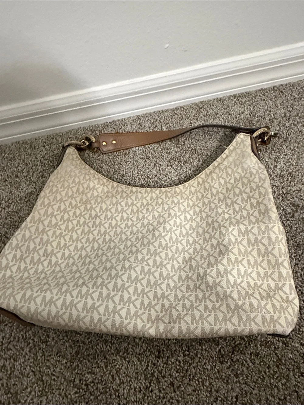 Michael Kors Brown and Cream MK Logo Shoulder Bags Duo